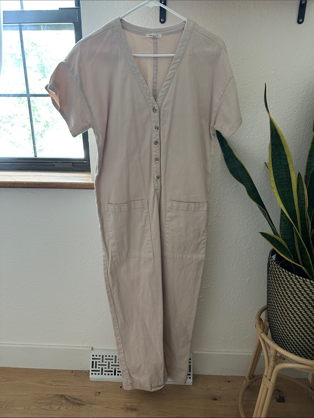 Neutral Beige Button-Front Jumpsuit